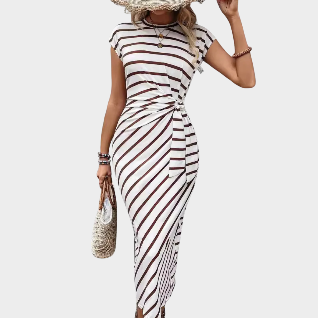 Women Long Dress – Short Sleeve Waist Strap Design – Striped Pattern – Round Neck Loose Fit – Elegant Style – Multiple Colours