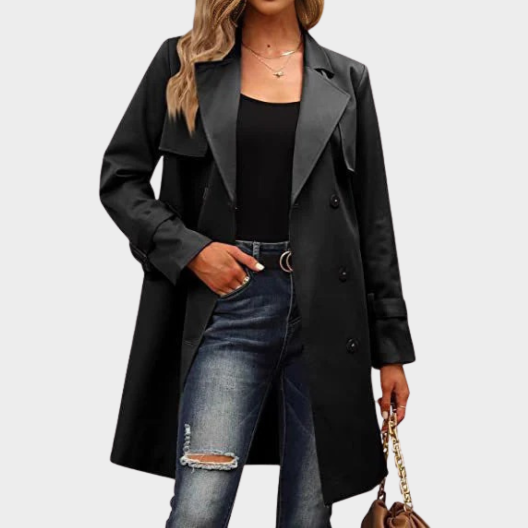 Women Double Breasted Trench Coat – Long Casual Jacket with Solid Colour Design Slim Fit Outwear – Multiple Colours