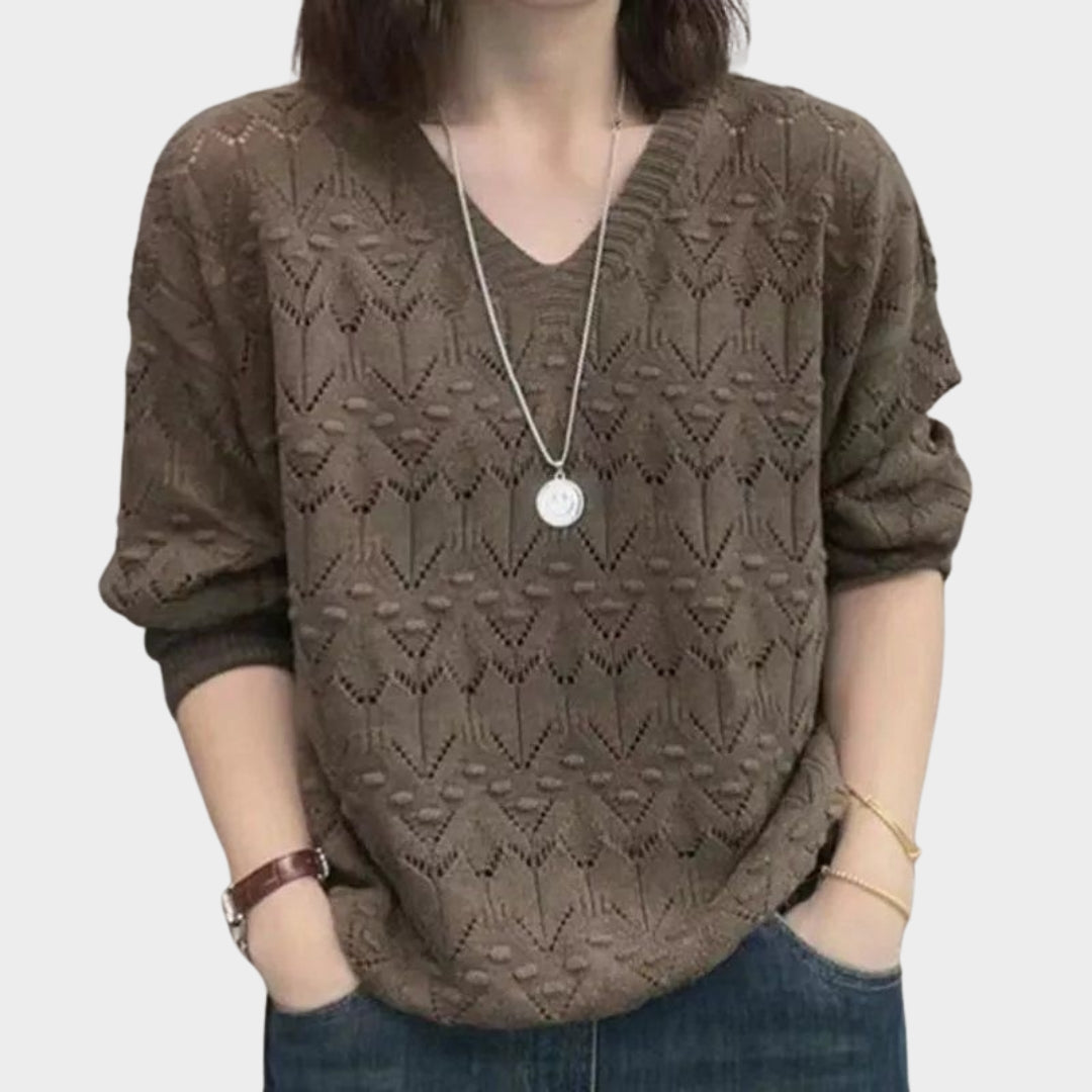 Women’s V-Neck Hollow Out Long Sleeve Knitted Sweater – Loose Fit Spring/Autumn in 5 Colors