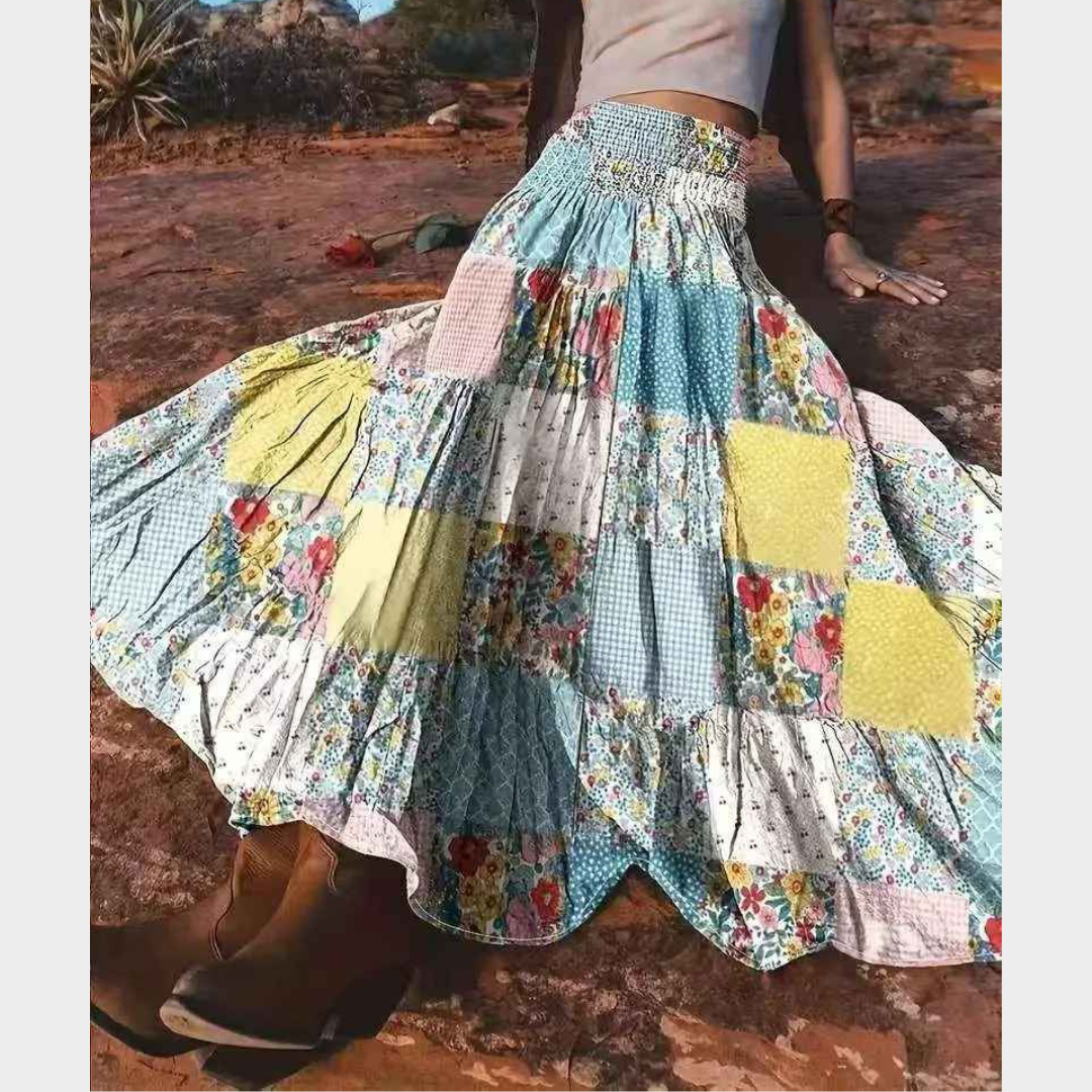 Women's Floral Long Skirt – High Waist Printed Splicing Style with Flowy Fit – Multicolour