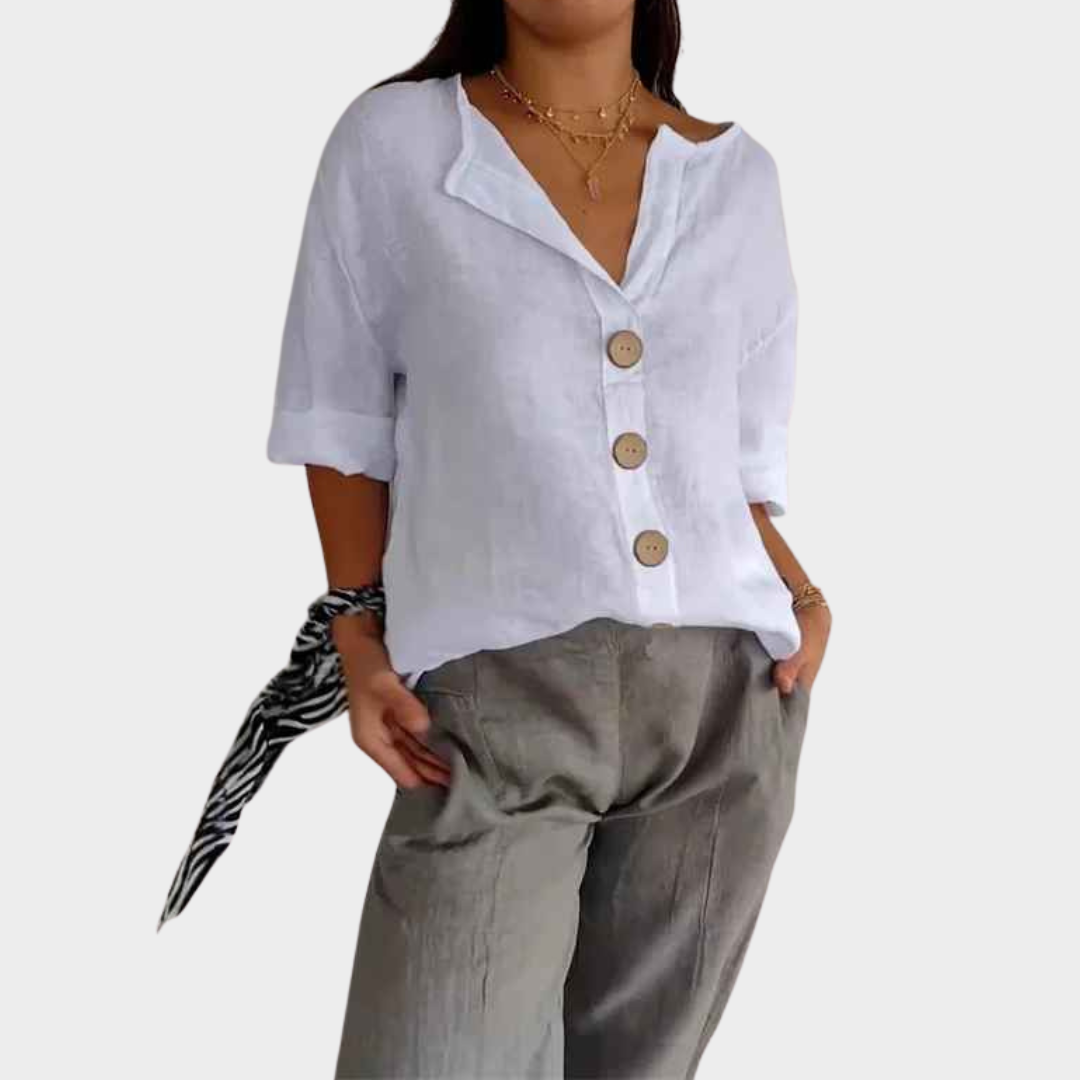 Women V-Neck Blouse – Loose Fit Button Front Cotton Linen Shirt – Multiple Colours