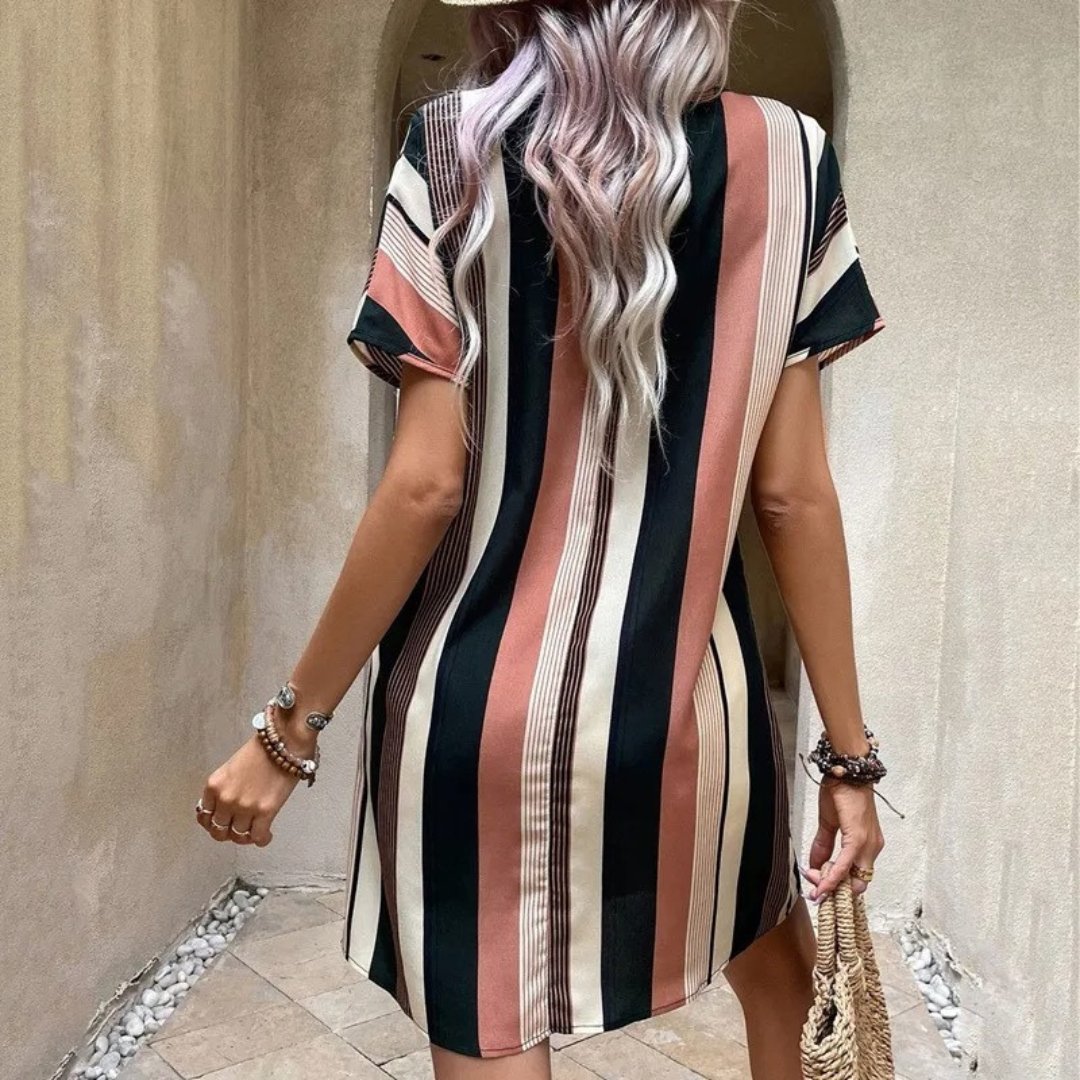Women V-Neck Dress – Short Sleeve – A-Line Fit – Striped Pattern – Lightweight Fabric – Black