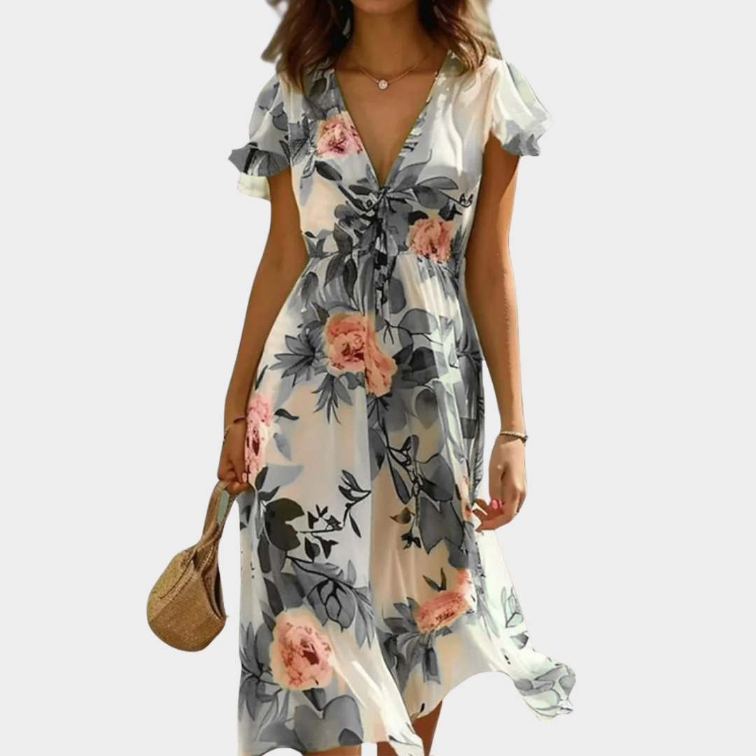 Women's Elegant Midi Dress – Short Sleeve Boho Style Party Dress – V-Neck Floral Print with Lace-Up Waist – Multiple Colours