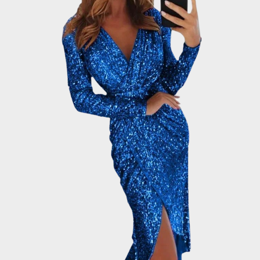 Women's Sequin Wrap Dress – Deep V-Neck – Long Sleeve – Bodycon Fit – Elegant Knee-Length Evening Wear – Multiple Colours