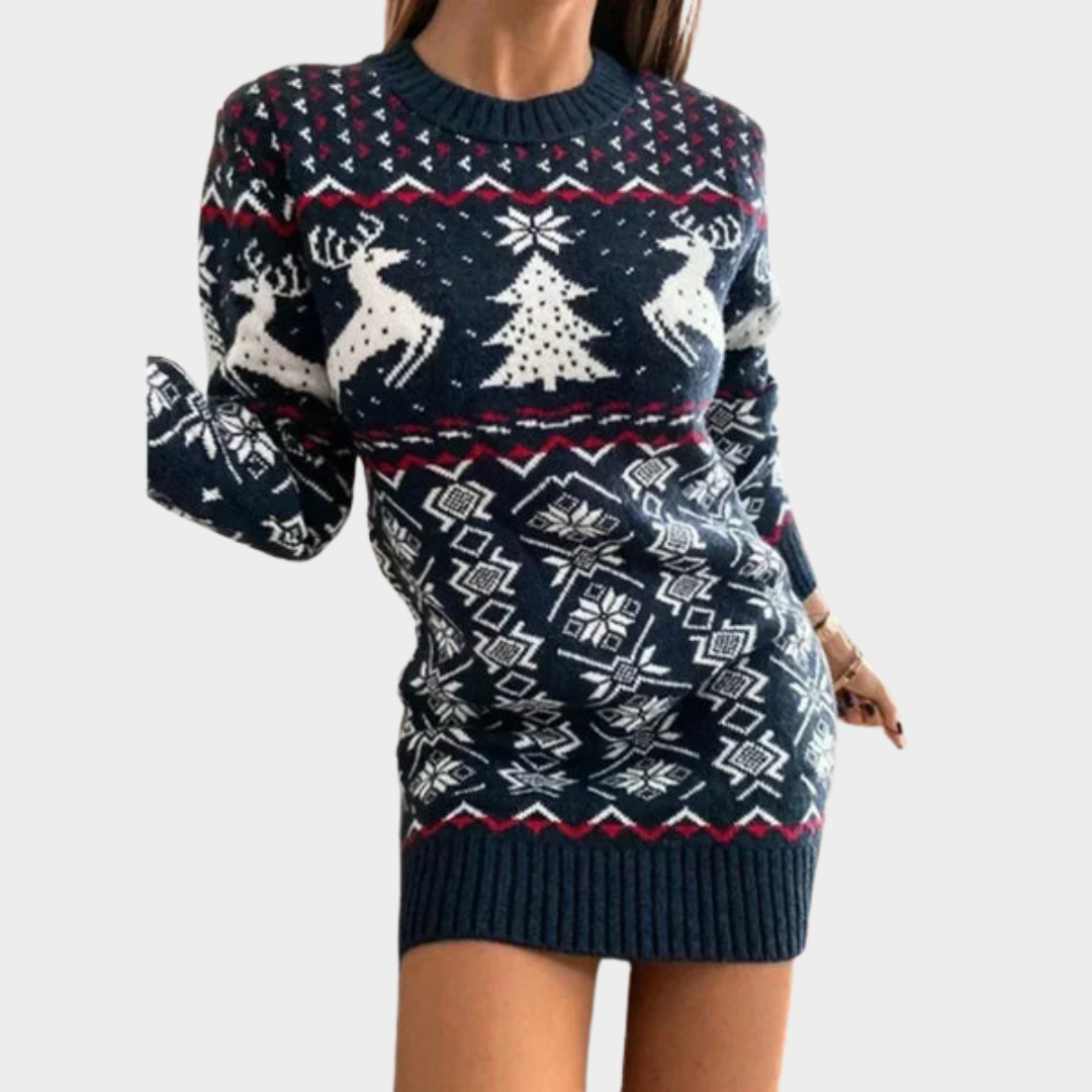 Women's Knitted Sweater Dress – Long Sleeve – Festive Elk Print – Soft Knit – Multiple Colours