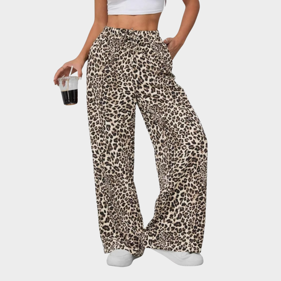Women Leopard Print Wide Leg Trousers – High Waisted Loose Fit Straight Leg Long Pants – Casual Comfortable Draping Style – Multiple Colours