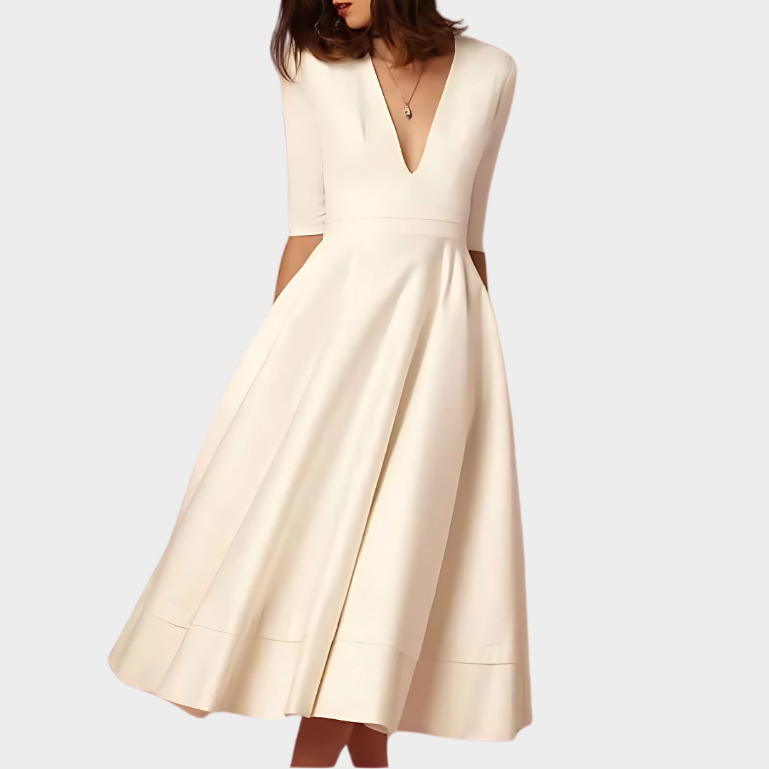 Women's Elegant Midi Dress - Deep V-Neck A-Line Fit - Half Sleeve Party Dress - Multiple Colours