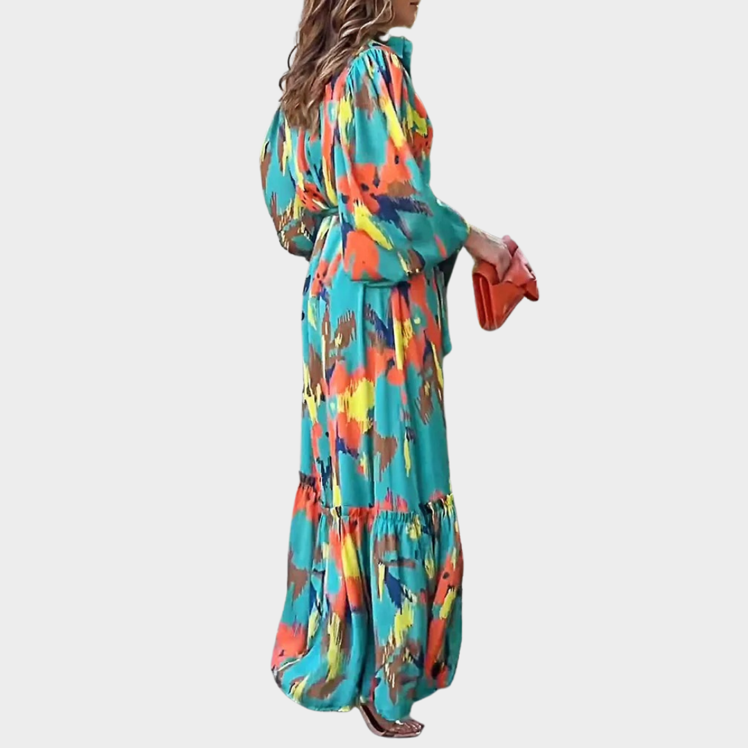Women's Elegant Button Long Dress – Lantern Sleeve – Lace-Up Waist – Green