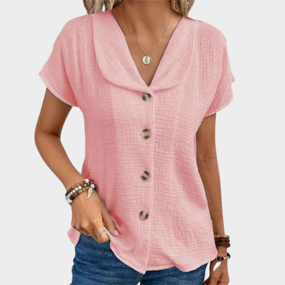 Women Short Sleeve Blouse – Baby Collar Casual Cardigan Shirt in Cotton Blend – Multiple Colours
