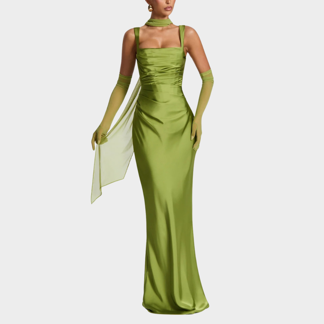 Women Slim Fit Satin Maxi Dress – Elegant Long Dress with Pleated Bodice Square Neckline and Lace Up Back – Multiple Colours