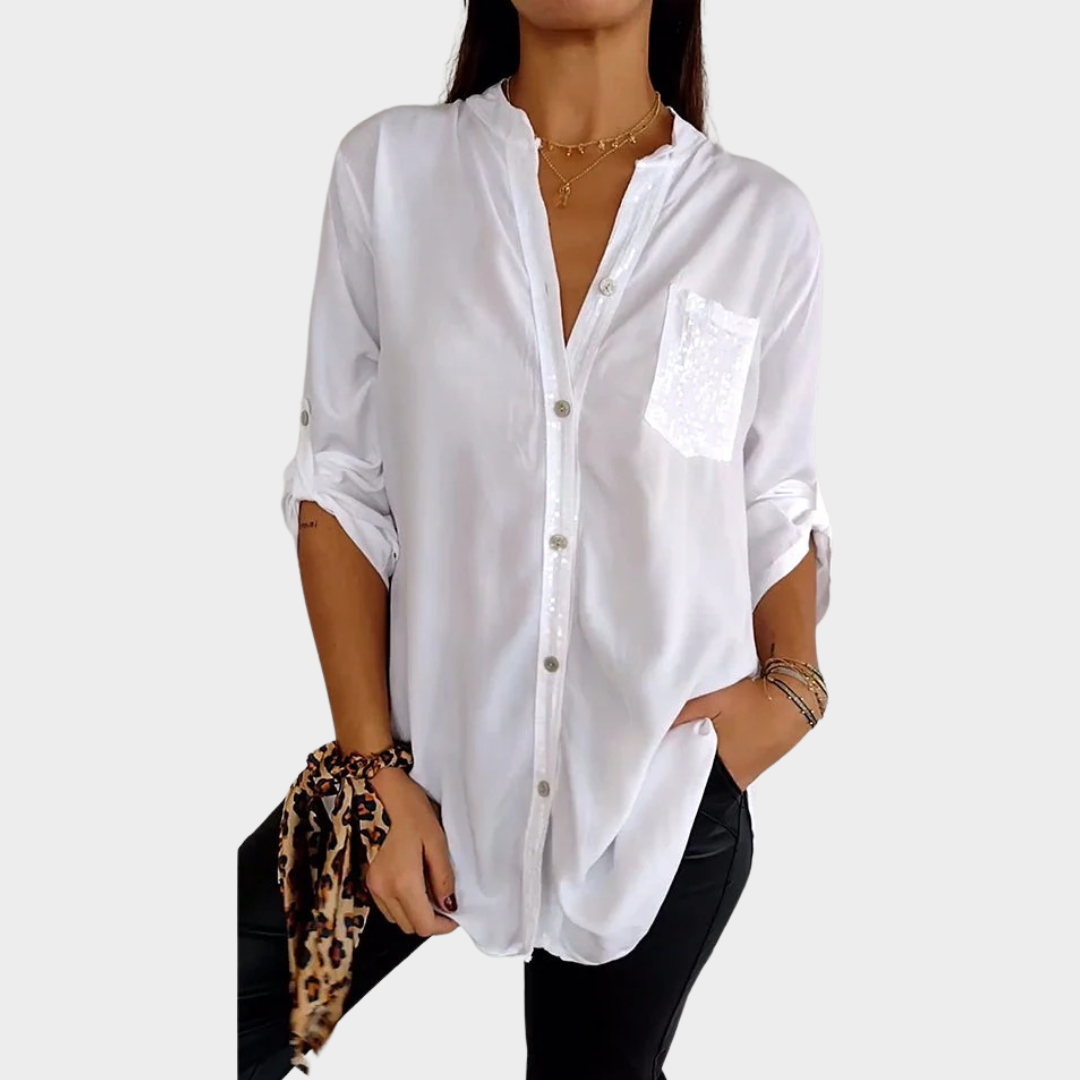 Women’s Button Blouse – Sequined Pocket Detail and Lantern Sleeves – Relaxed Workwear Fit – Lightweight Polyester – Multiple Colours
