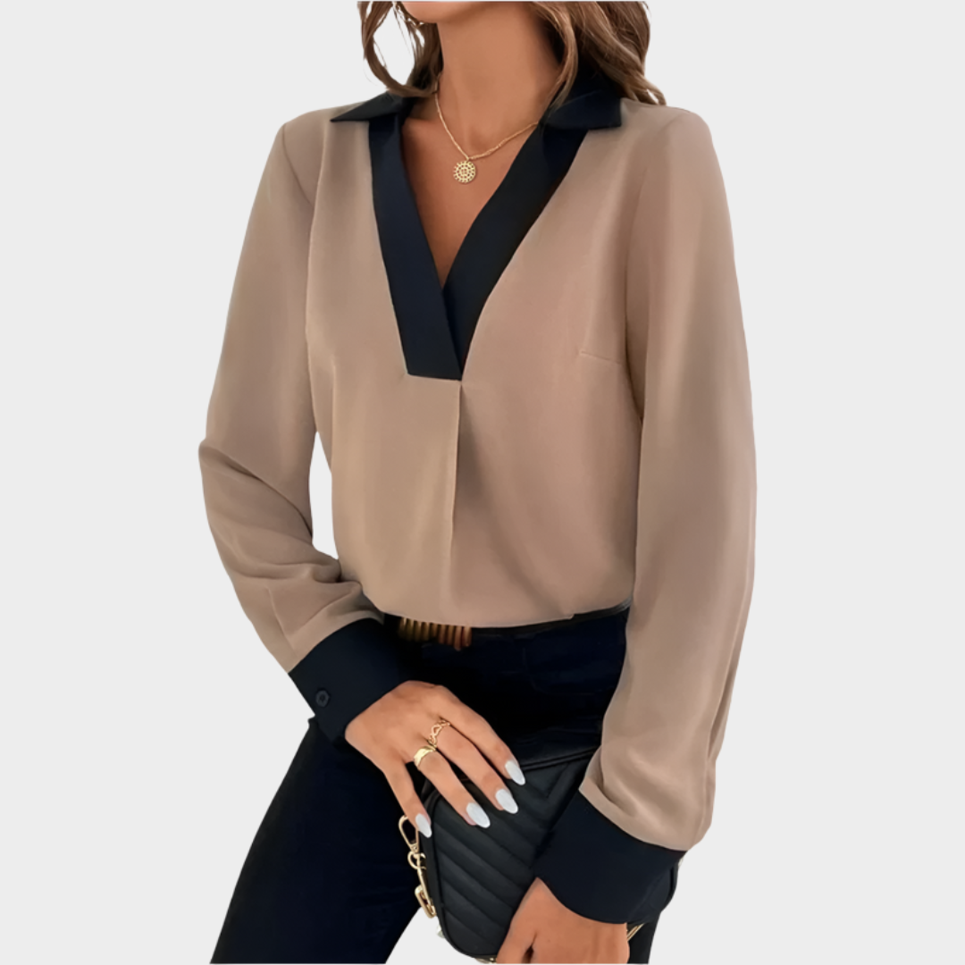 Women's V-Neck Blouse – Long Sleeve – Patchwork Color – Office Wear – Multiple Colours