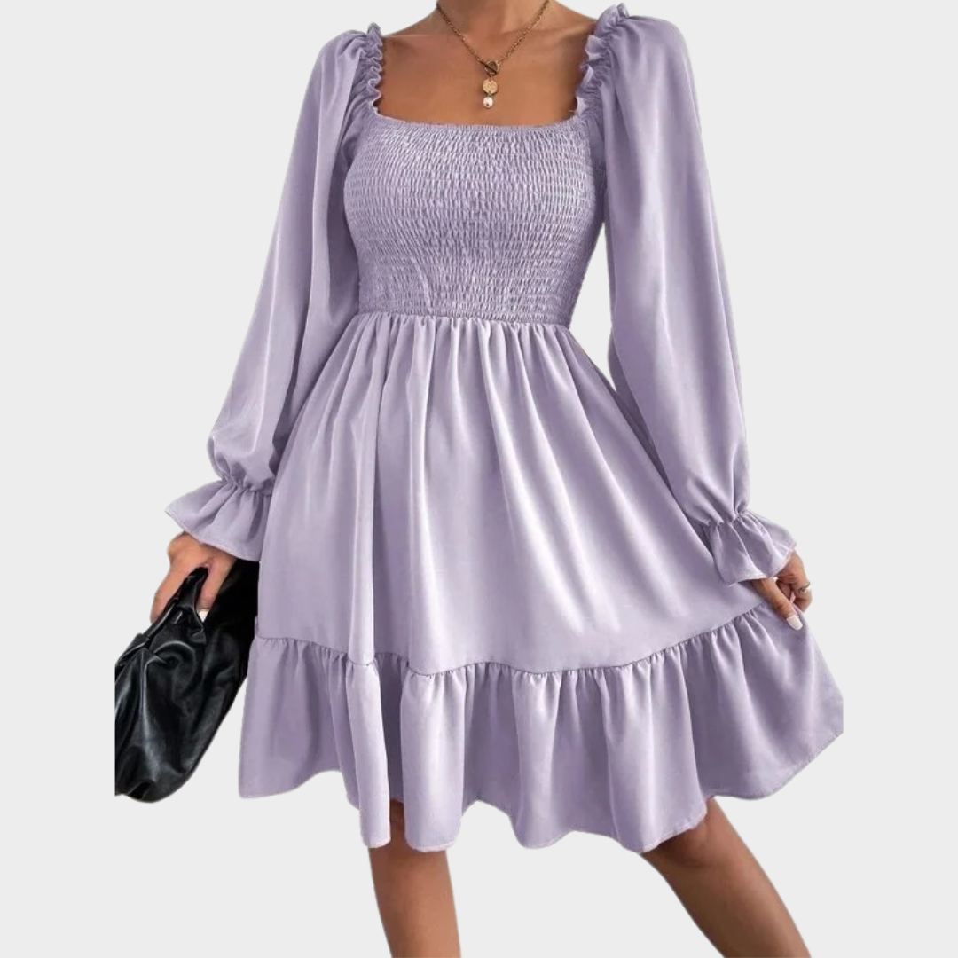 Women’s Long Sleeve Square Neck Dress – Elegant Ruffle Casual Dress – Flowy Fit – Multiple Colours