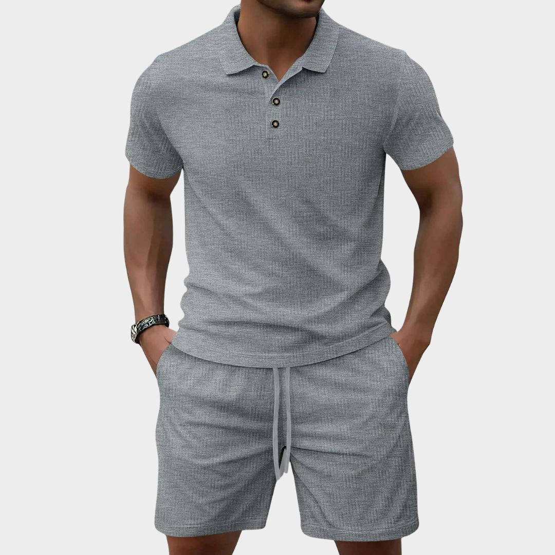 Men's Co-Ord Set – Corduroy Short Sleeve Lapel Polo Shirt with Drawstring Shorts – Multiple Colours