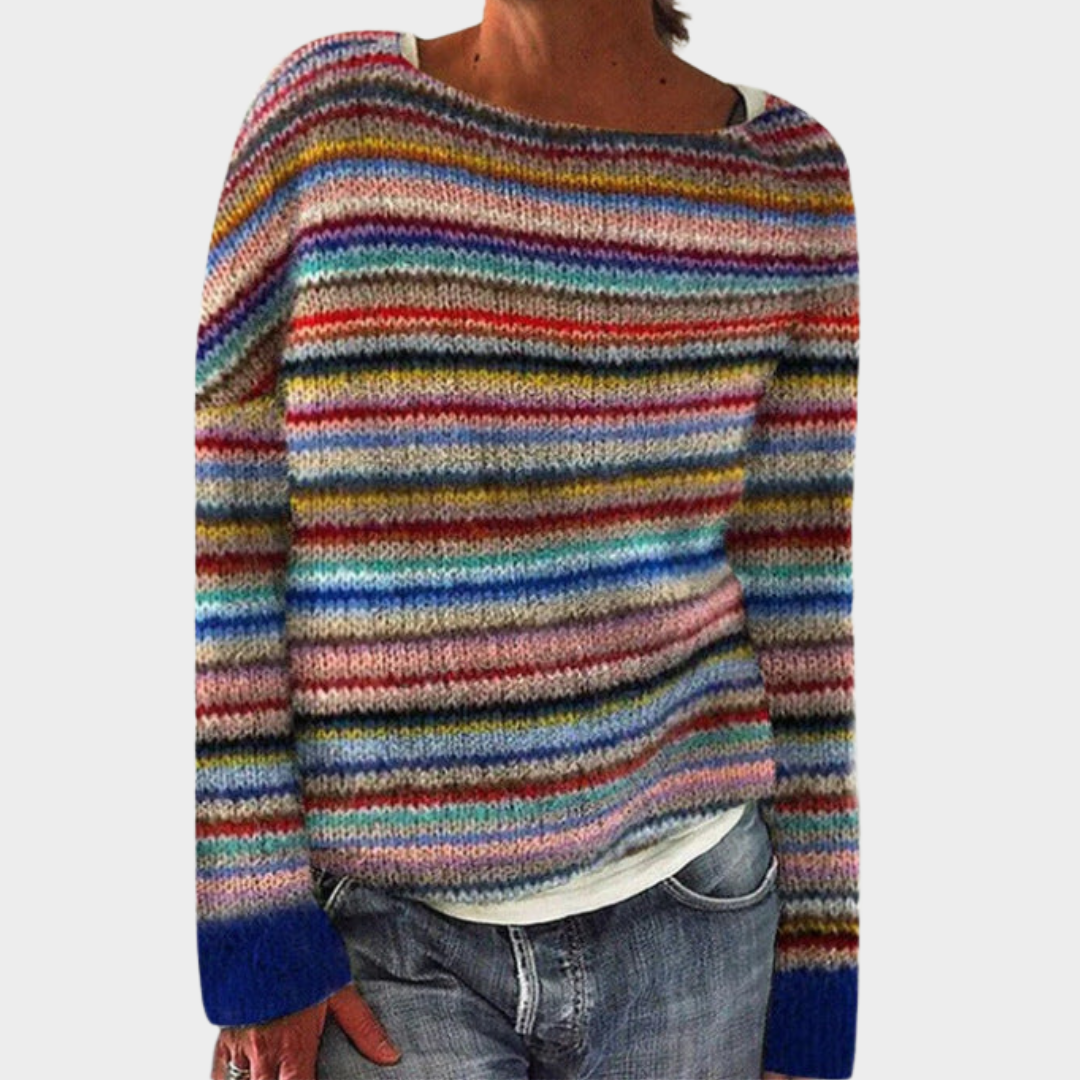Striped Floral Sweater - Women's Vintage Crewneck Knitted Pullover - Long Sleeve - Multiple Colours