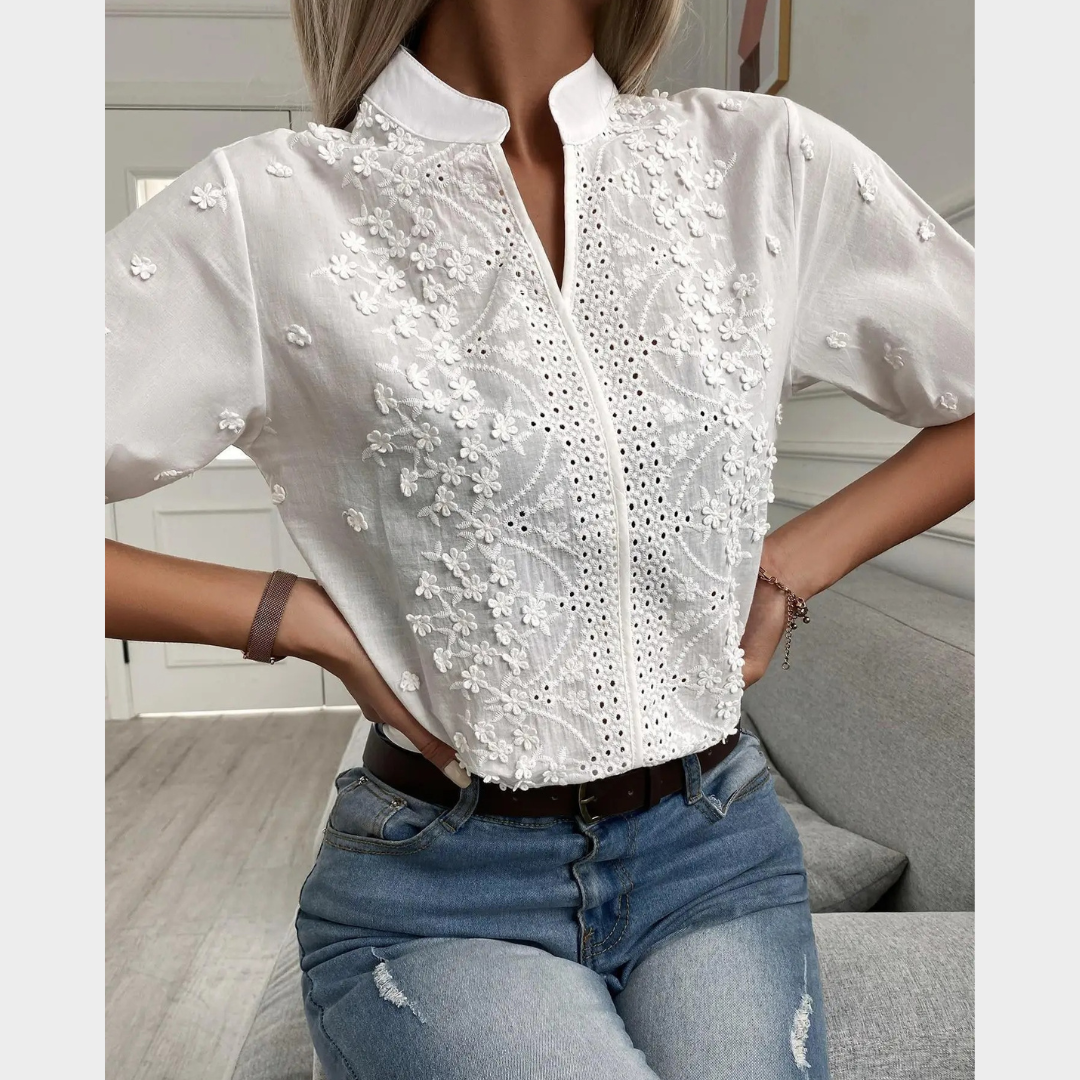 Women’s V-Neck Blouse – Short Sleeve Lace Top – Casual Elegant Fit – Lightweight Soft Fabric – White