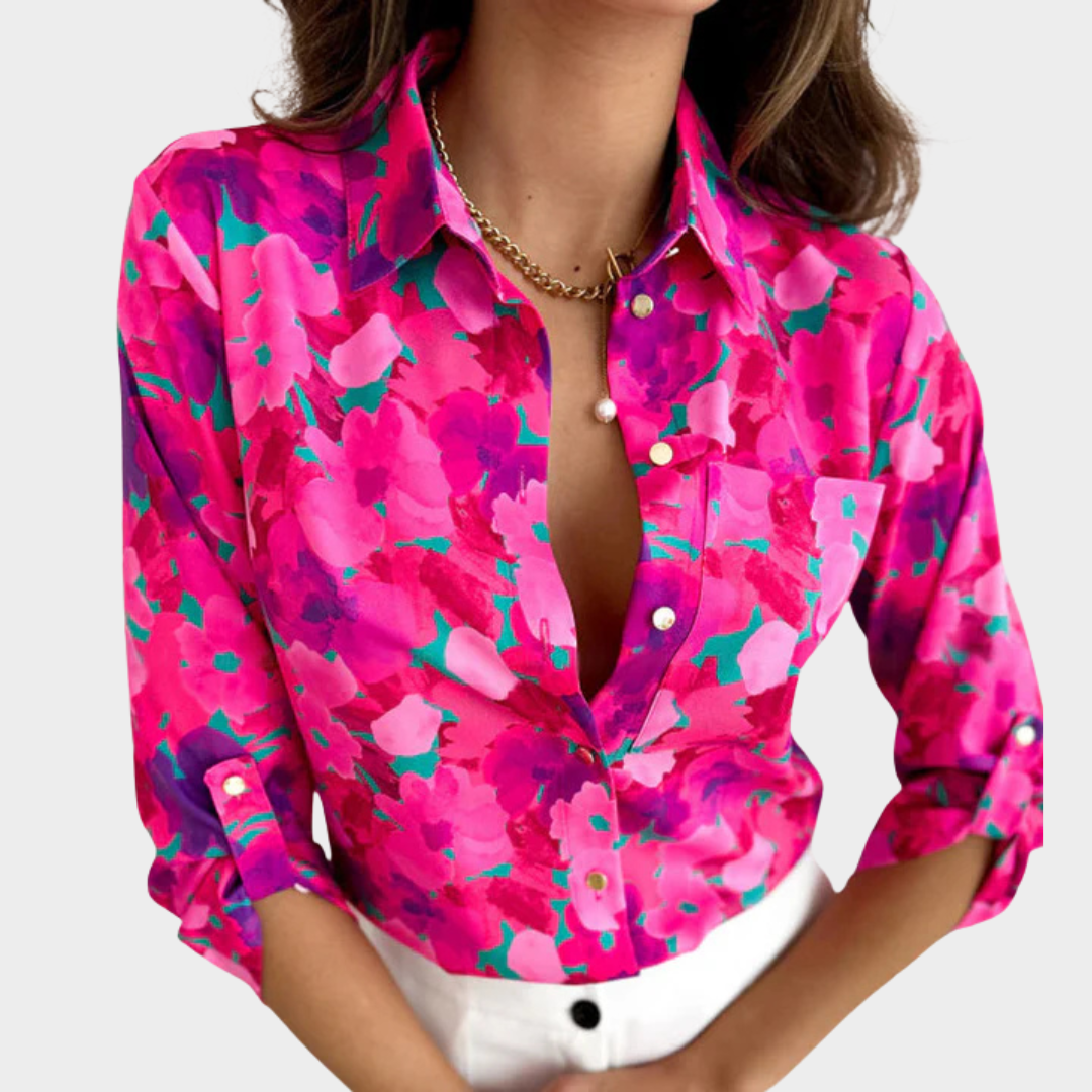 Women’s V-Neck Floral Blouse – Long Sleeve Button-Down Shirt – Lightweight Cotton-Polyester Fabric – Pink
