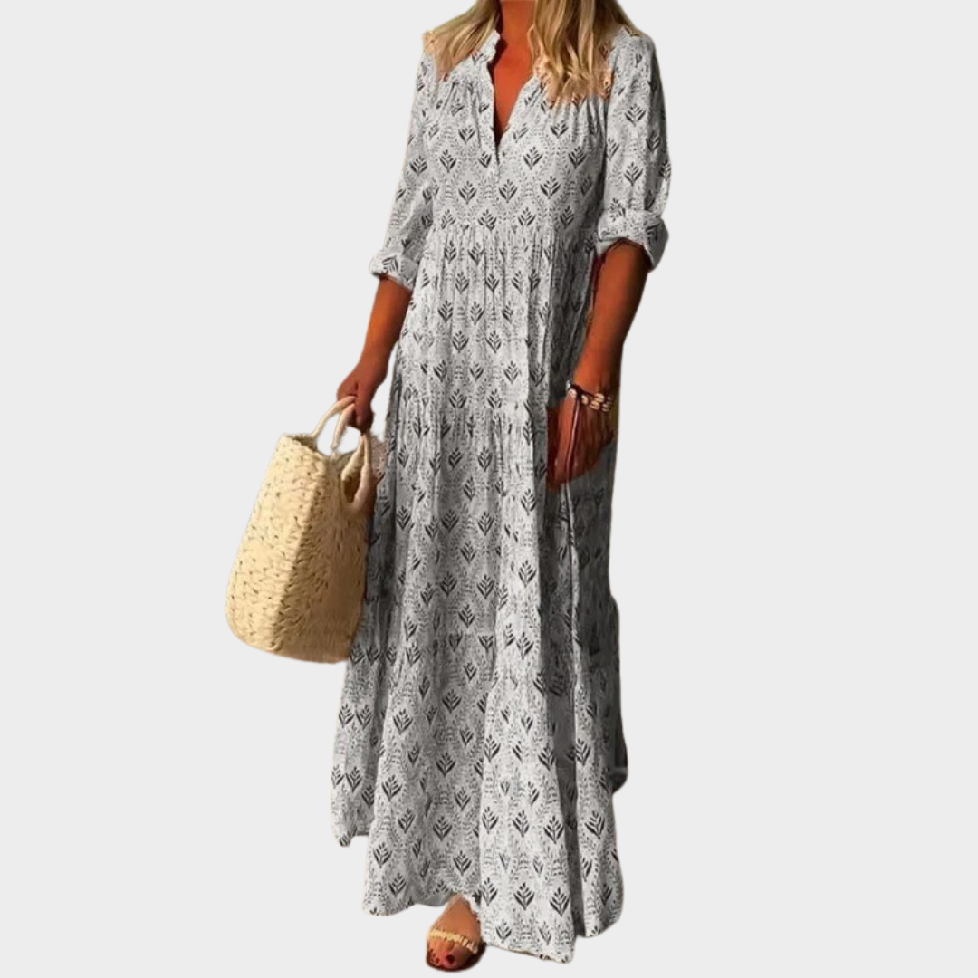 Women’s Long Boho Dress – V-Neck Casual Fit with Vintage Print – Lightweight Loose Long Sleeve Style – Multiple Colours