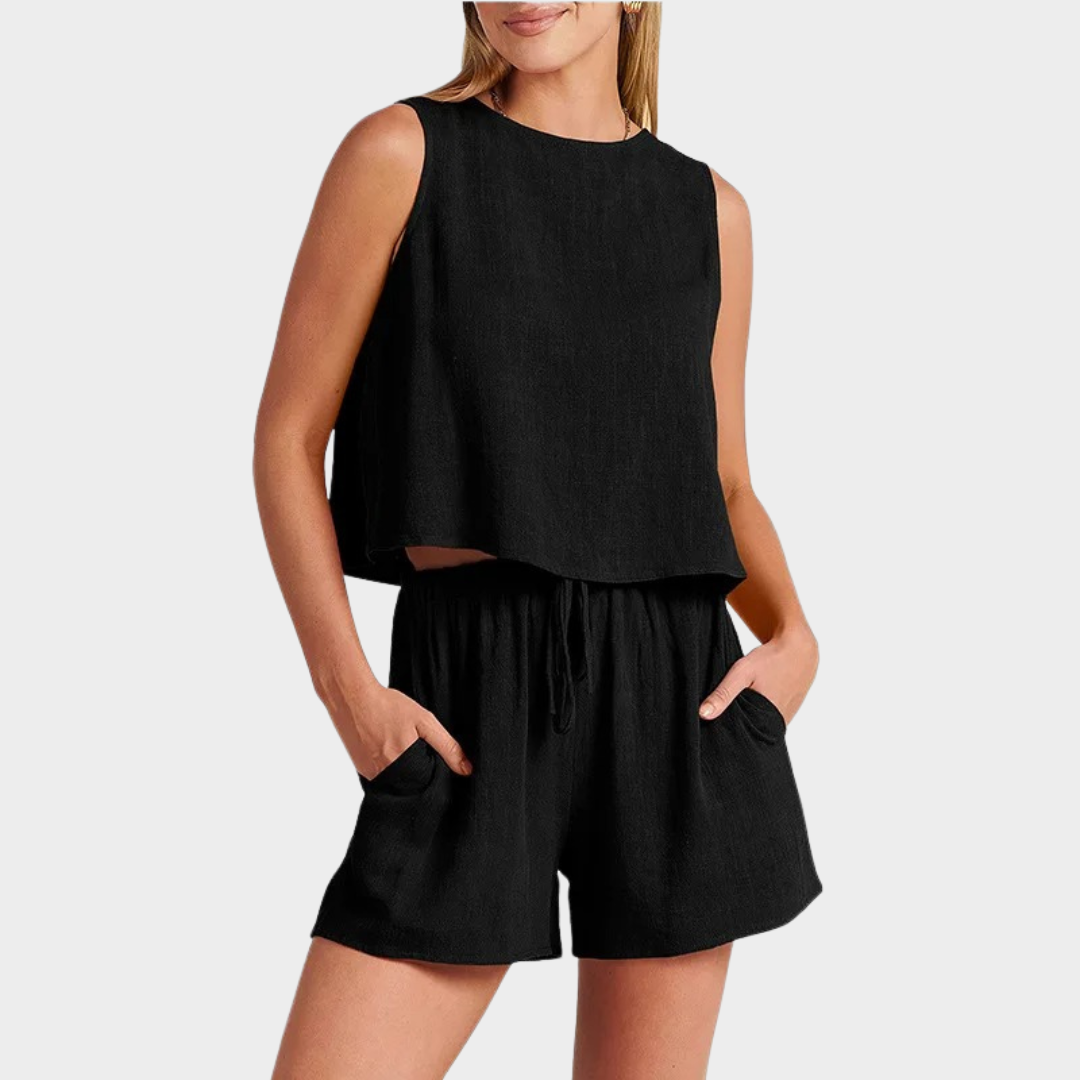 Women’s Sleeveless Linen Two-Piece Set – Button-Back Top and Shorts – Lightweight Soft Fabric – Relaxed Fit Casual Outfit – Multiple Colours