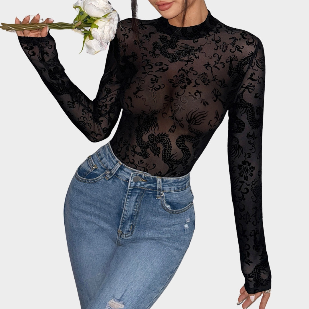 Women's Sheer Mesh Bodysuit - Long Sleeve Slim Fit Round Neck Jumpsuit - Multiple Designs