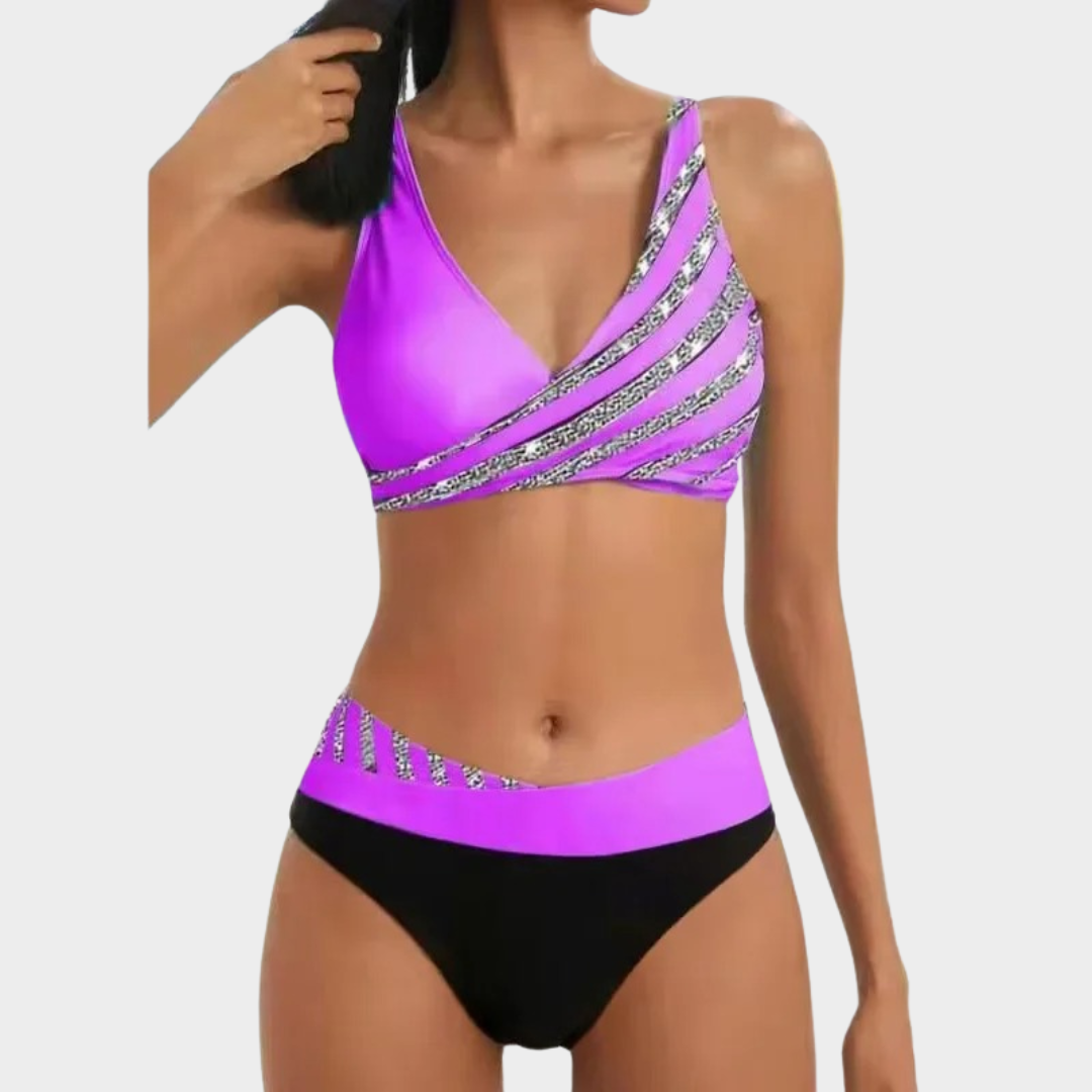Women Two Piece Bikini Set – Lace Up Holiday Swimsuit with Diagonal Print – Shining Detail and Comfortable Fit – Multiple Colours