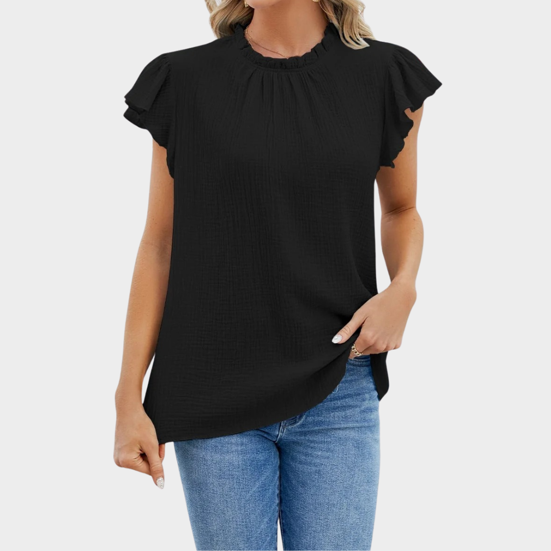 Women’s Short Sleeve Top – Relaxed Fit – Pleated Neck – Ruffle Sleeve – Comfortable Fiber Blend – Multiple Colours