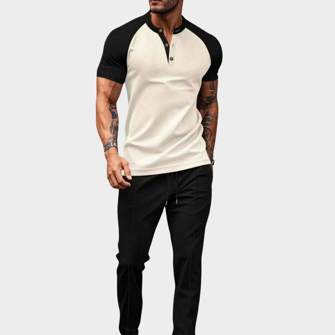 Men's Two-Piece Set – Colour Block Gingham Round Neck Short Sleeve Top with Long Pants – Multiple Colours