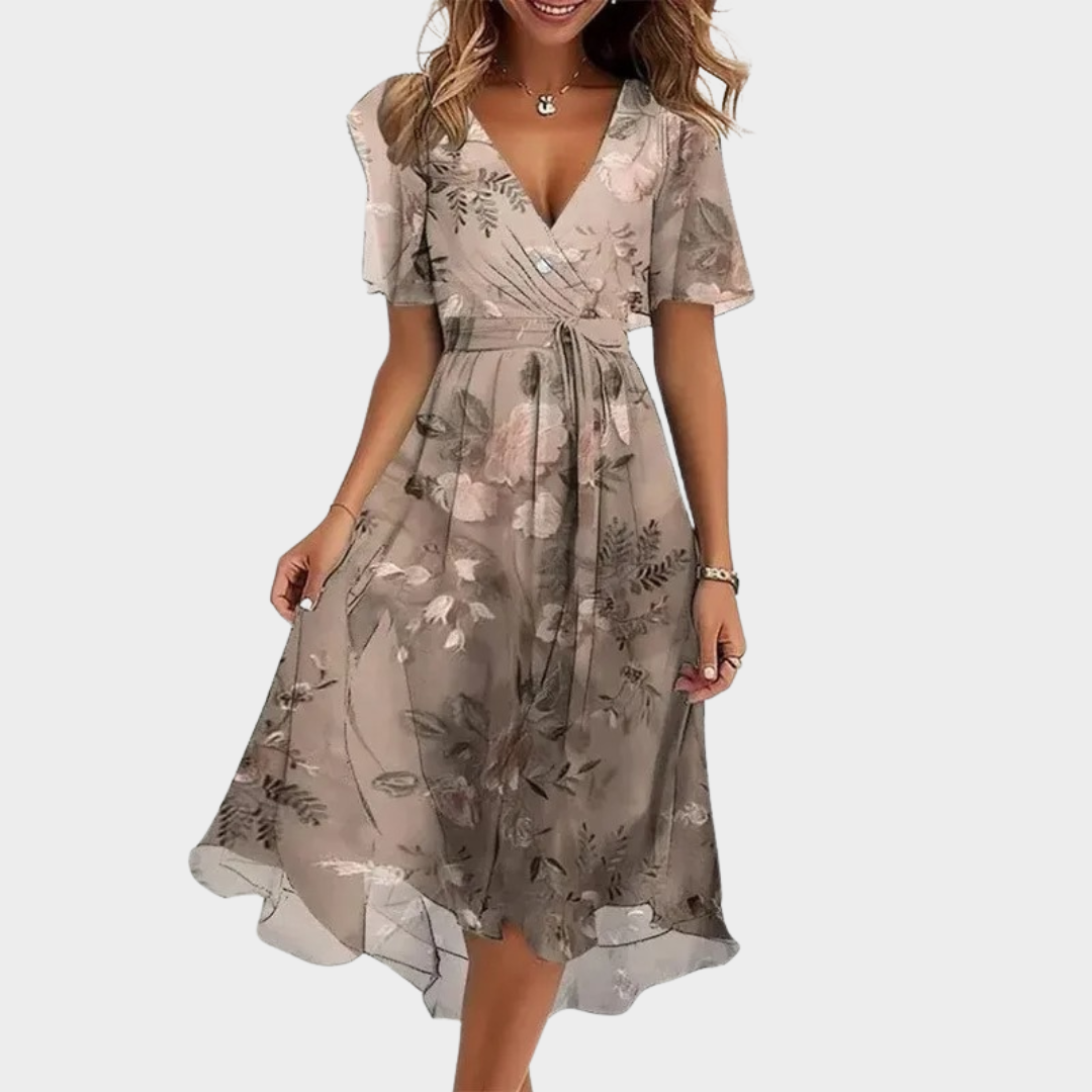 Women's Chiffon Mini Dress – V Neck – Floral Print – High Waist – Short Sleeve – Lightweight A-Line – Multiple Colours