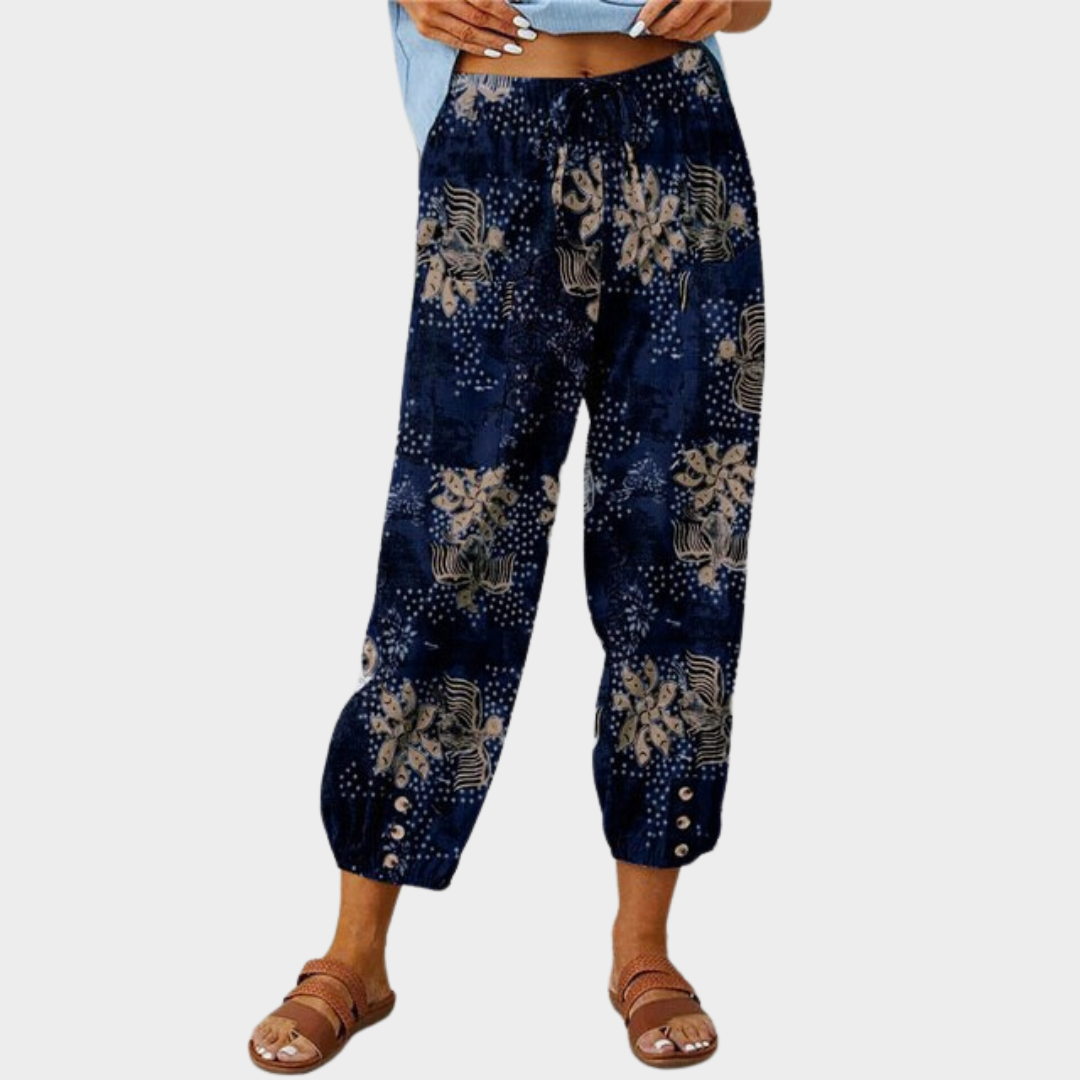 Women's High Waist Cropped Trousers – Retro Print – Loose Fit – Drawstring Waist – Multiple Colours