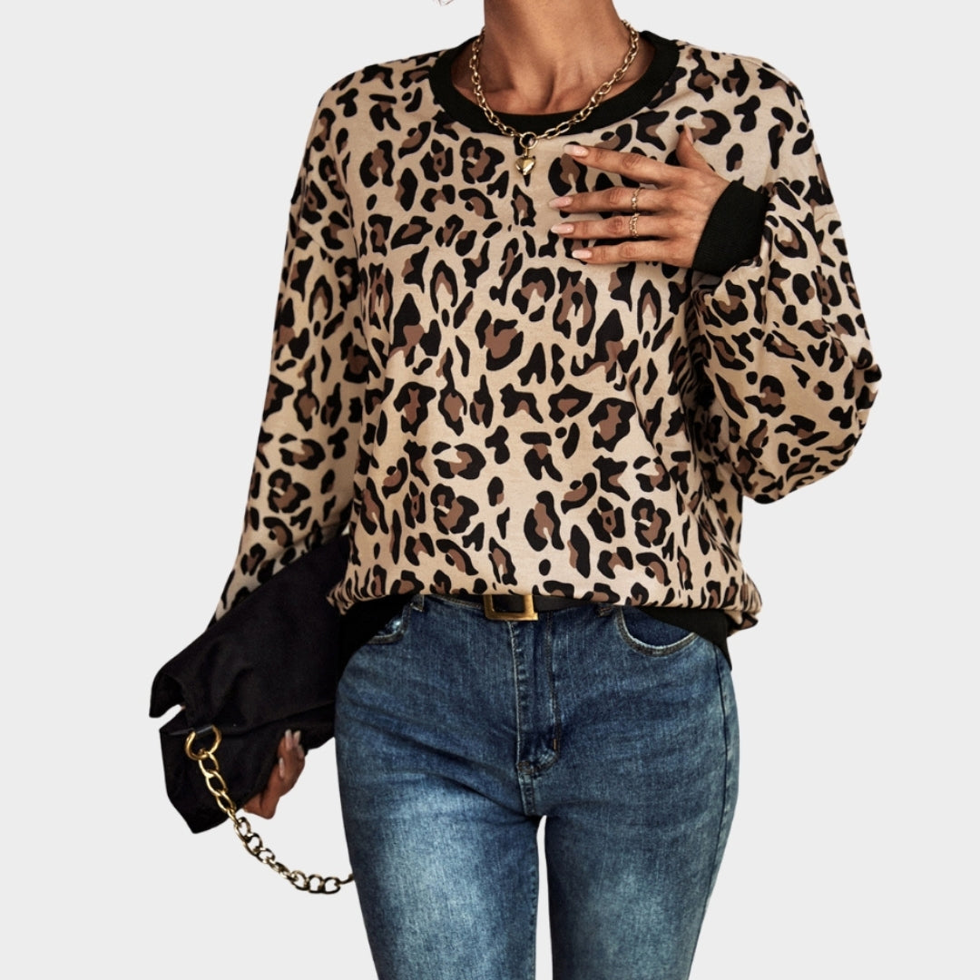 Women’s Leopard Print Casual Sweater - Long Sleeve, Cozy Autumn Winter Sweatshirt, Apricot, Off White
