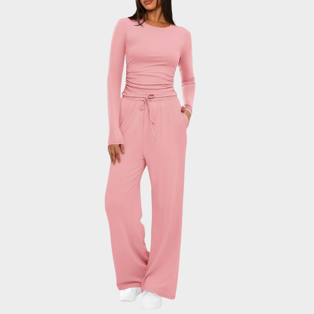 Women Casual Long Sleeve Outfit Set – High Waist Wide Leg Pants with Matching Top – Relaxed Fit Comfortable Sportswear – Multiple Colours