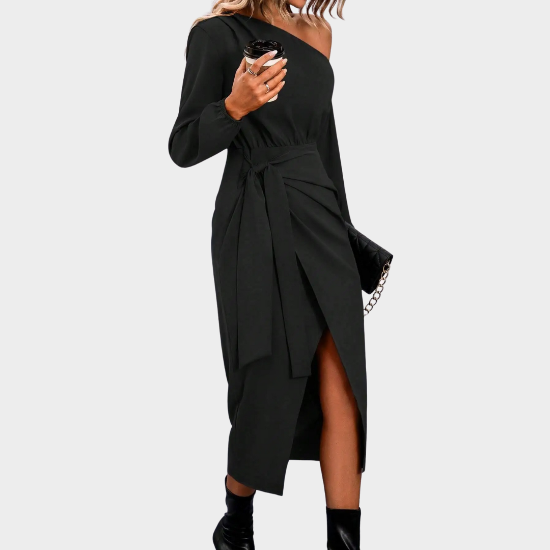 Women’s Off-Shoulder Slit Dress – Slant Neck Long Sleeve Elegant Dress – Fitted Waist – Black