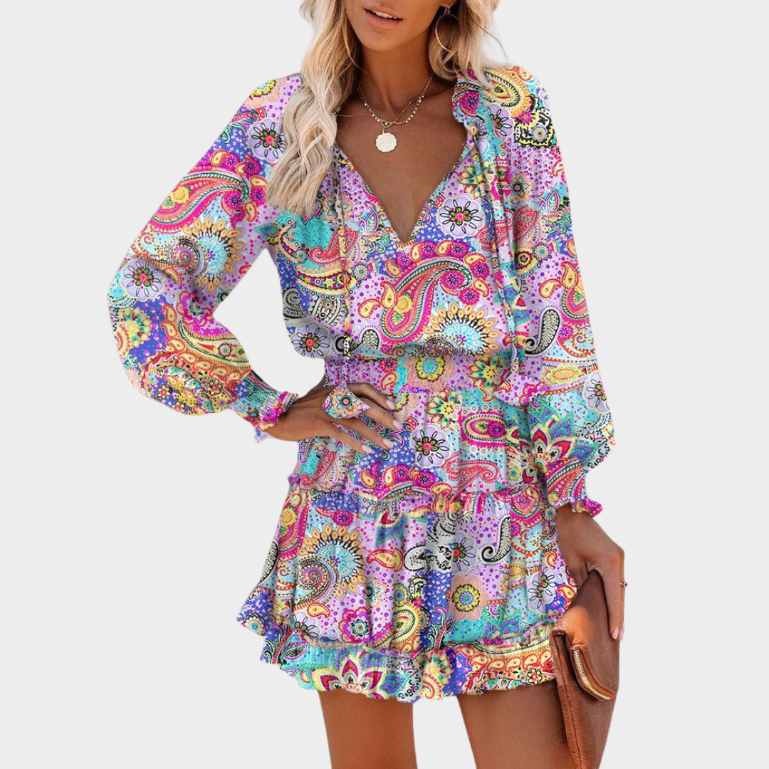 Women's A-Line Ruffled Leopard Print Dress – Long Sleeve – High Waist – Deep V-Neck – Multicolour Pink
