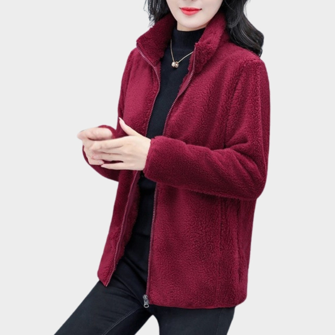 Women's Winter Thickened Double-Sided Fleece Coat – Stand Collar, Warm Cardigan Jacket, Black, Blue