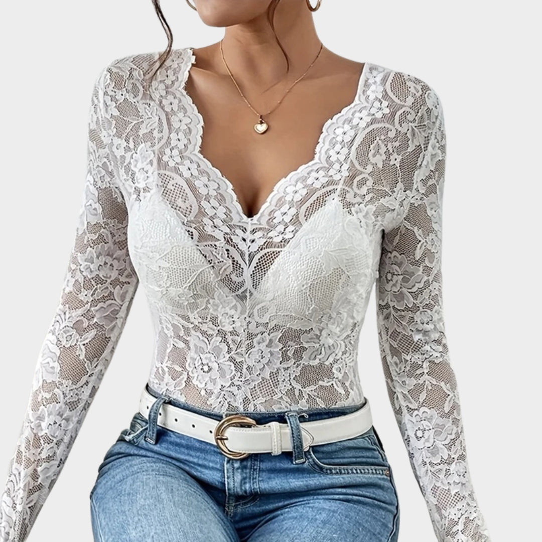 Women's Lace Bodysuit - Long Sleeve Corset Top - Hollow Out Design - Elegant & Chic - Multiple Colours