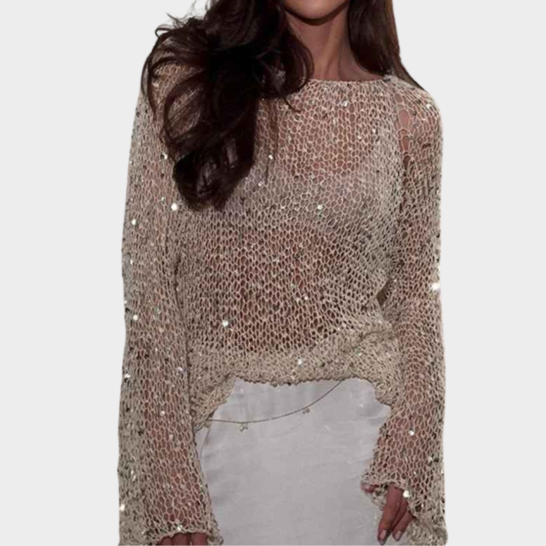 Women's Sequin Knit Sweater - Loose Fit Pullover - Hollow Out Design - O-Neck - Long Sleeve - Beige
