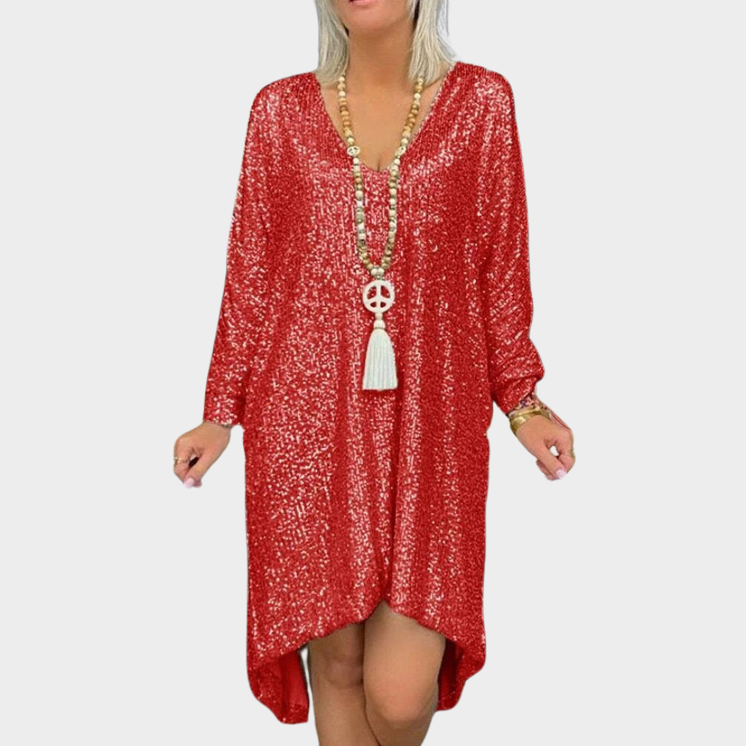 Women’s High-Low Hem Dress – V-Neck – Long Sleeve – Shiny Sequin Finish – Relaxed Boho Fit – Multiple Colours