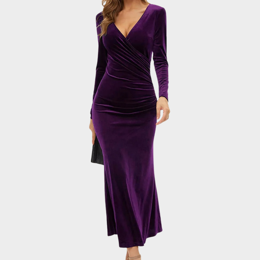 Women's Ankle Length V-Neck Dress – Long Sleeve Slim A-Line Party Club Style – Multiple Colours