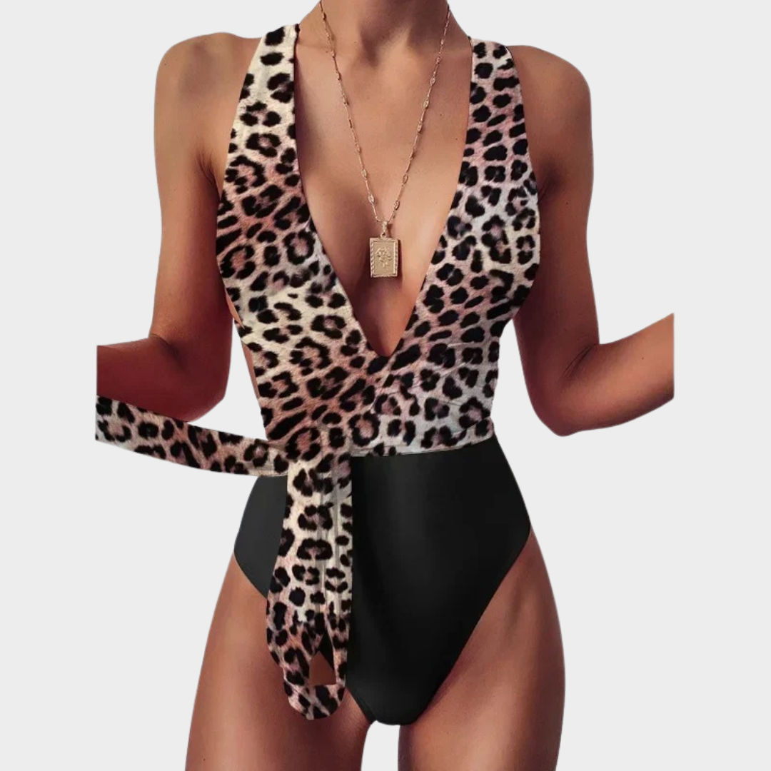 Women One Piece Swimsuit – Deep V Neck Lace-Up Bandage Fit in Stretch Fabric – Multiple Colours