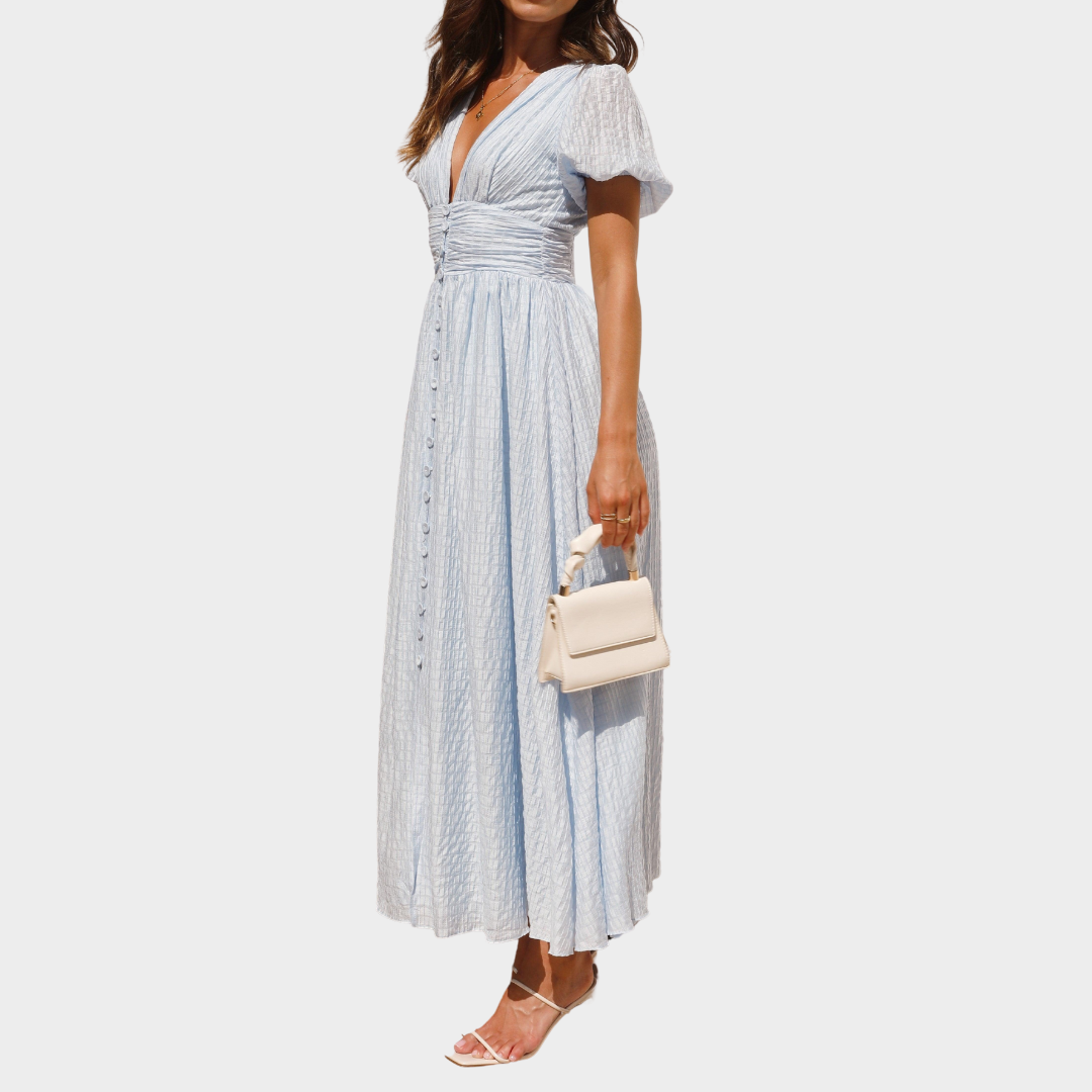 Women’s V Neck Puff Sleeve Button Dress – Elegant Fit with Solid Colour Style – Lightweight Party Wear – Multiple Colours