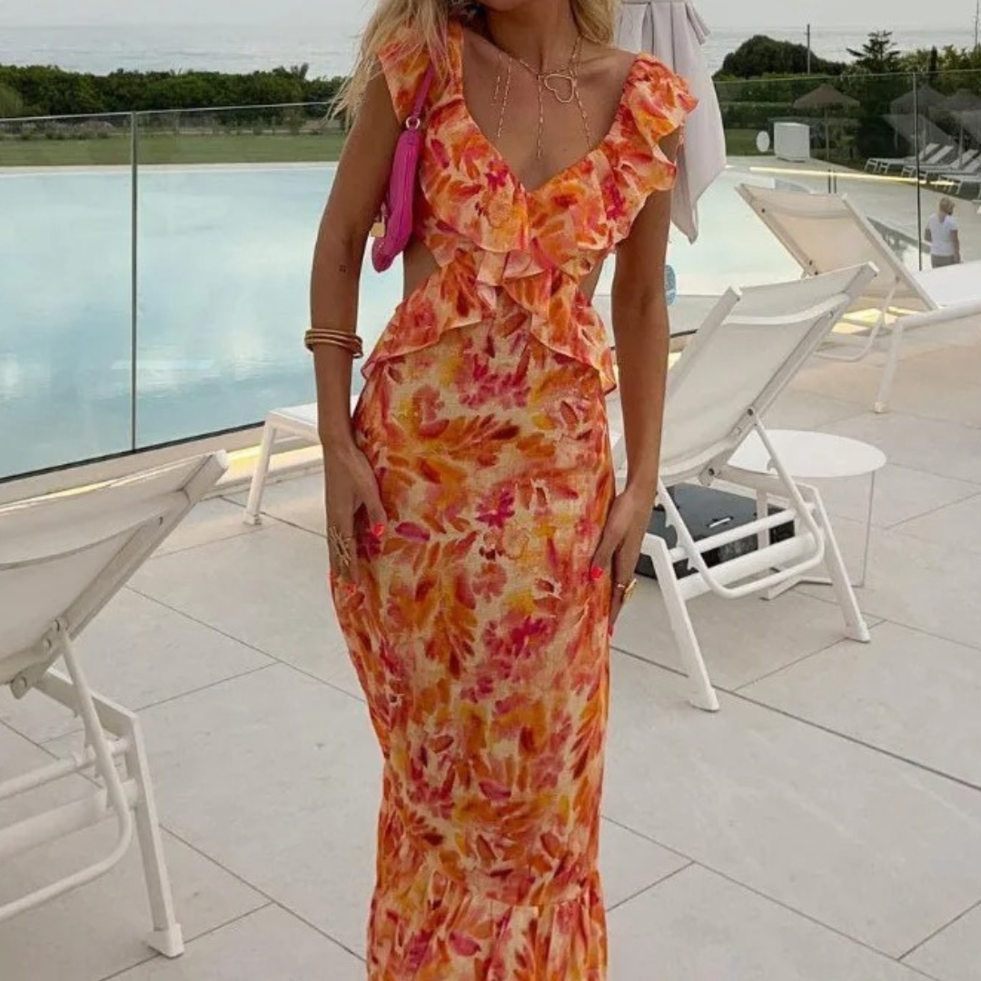 Women’s Casual Slip Dress – Sleeveless Ruffled Long Fit with Printed Detail – Lightweight Beach Style – Multiple Colours