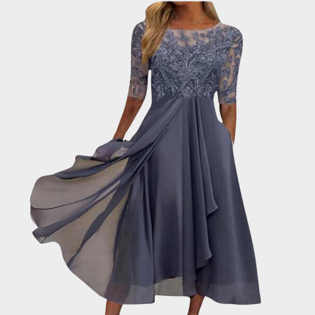 Women's Elegant Lace Chiffon Dress – Flowy Half Sleeve Gown – Evening Party Wear – Multiple Colours