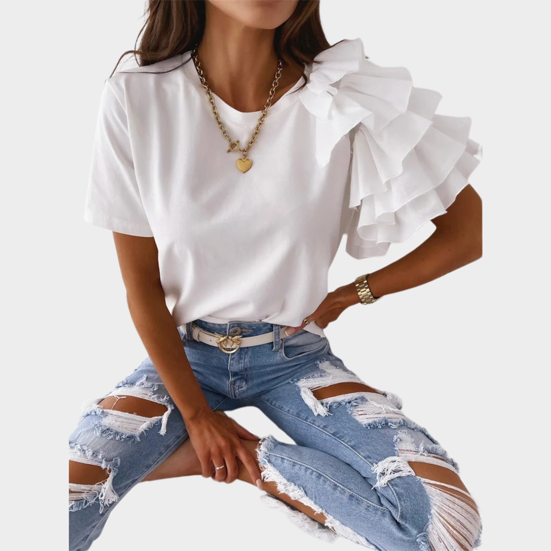 Women’s Ruffle Sleeve Loose Fit T-Shirt – Solid Colour O-Neck Casual Blouse – Lightweight Soft Fabric – Multiple Colours
