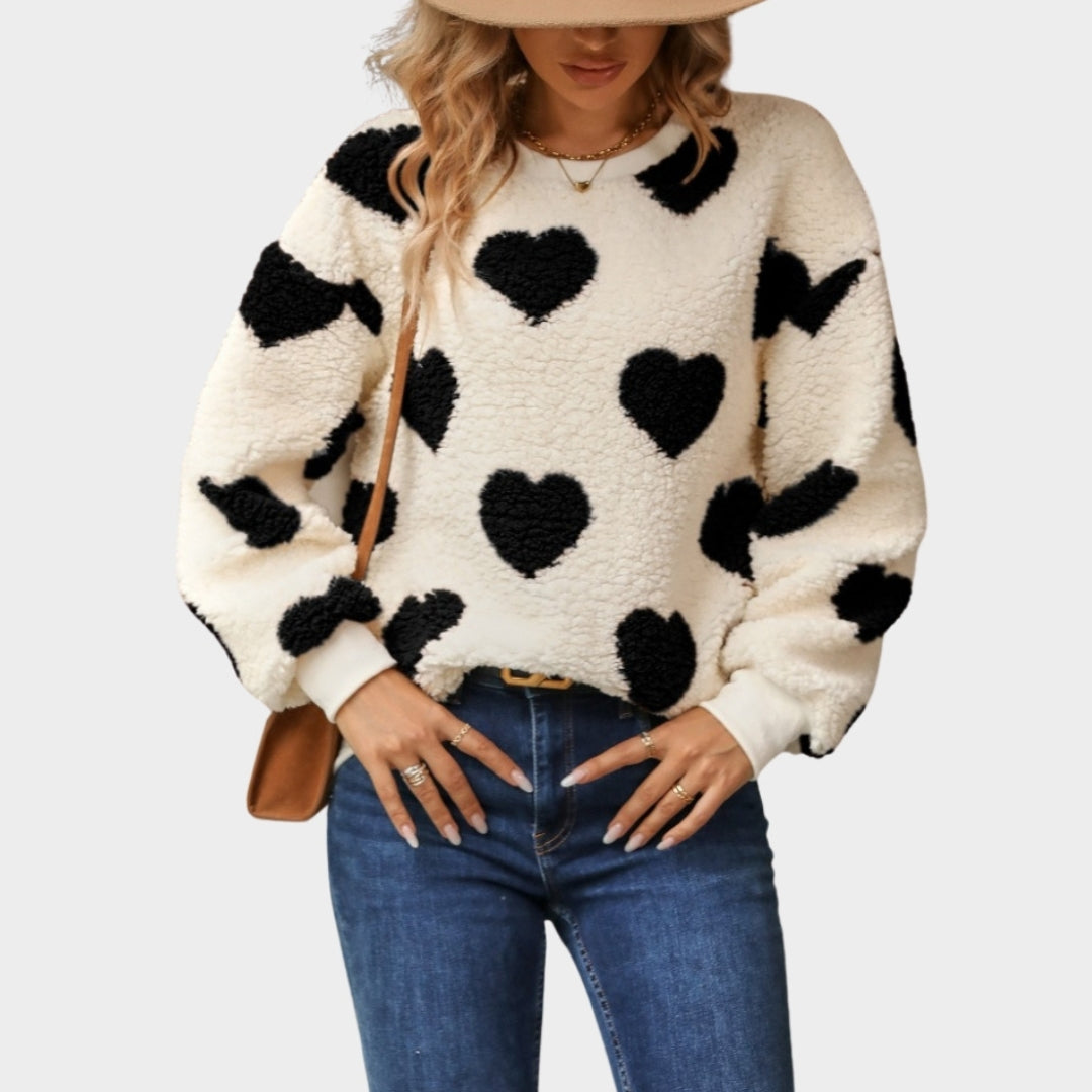 Autumn & Winter Women’s Loose Fit Love Print Sweater - Long Sleeve Round Neck Plush Knit, Red, Black, Khaki