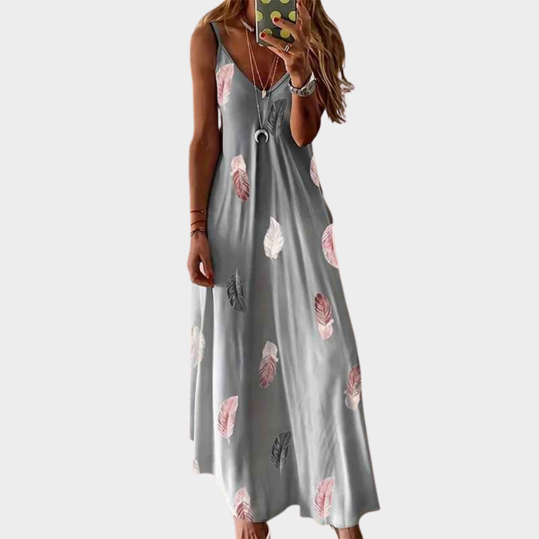 Women Feather Print Maxi Dress – Casual V-Neck Stretch Fit Lightweight Material – Multiple Colours