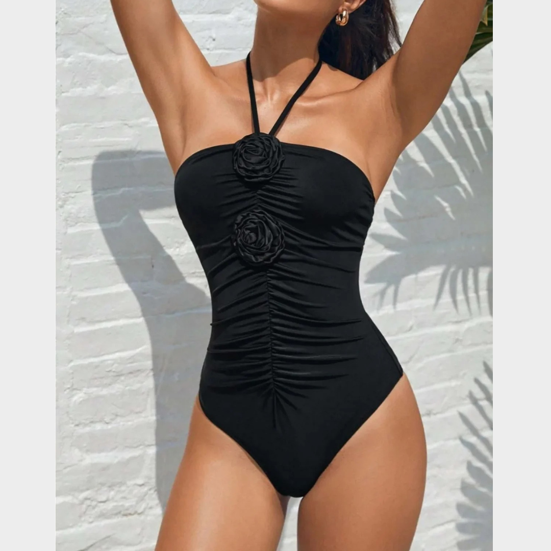 Women One Piece Swimsuit – Halter Neck Backless Design with 3D Floral Detail Slim Fit Monokini – Black