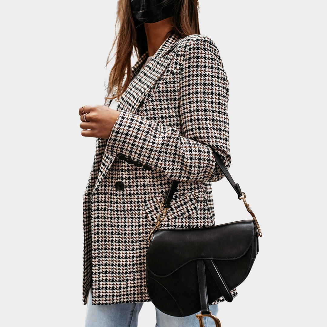 Women's Checkered Blazer - Retro Print - Long Sleeve - Patchwork Design
