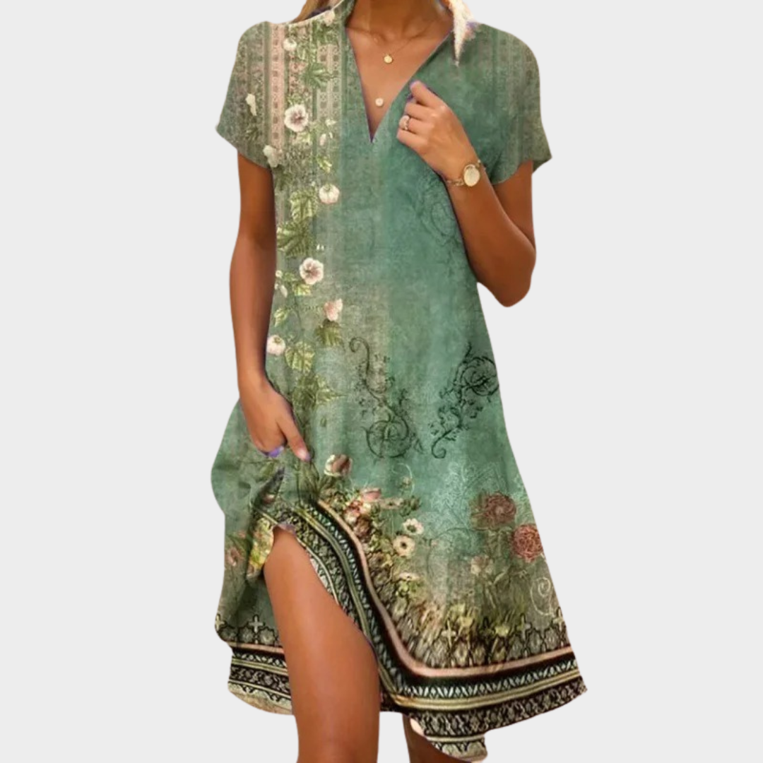Women's V-Neck Bohemian Dress – Short Sleeve Long Skirt with Pockets – Cotton-Polyester Blend – Multiple Colours
