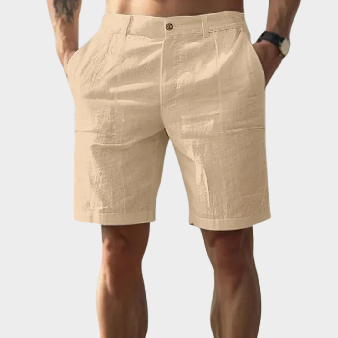 Men Linen Shorts – Stand Pocket Button Fly – Relaxed Fit – Solid Colour – Lightweight Fabric – Multiple Colours