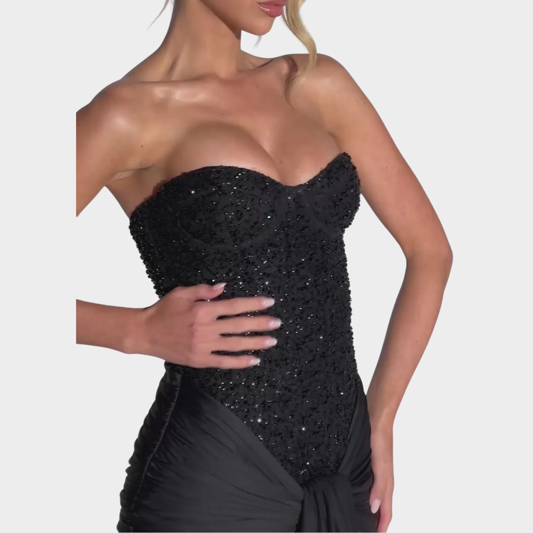 Women’s Off-Shoulder Evening Gown – Luxury Strapless Party Dress with Embellished Mesh Bodice and Slinky Jersey Skirt – Multiple Colours
